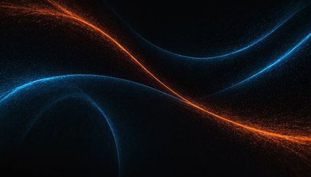 abstract background with glowing particles, wave lines and bokehの素材