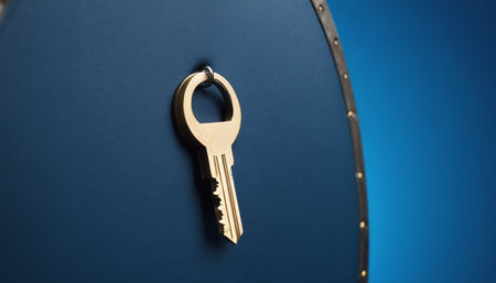 Key on a blue background. The concept of security and protection.の素材