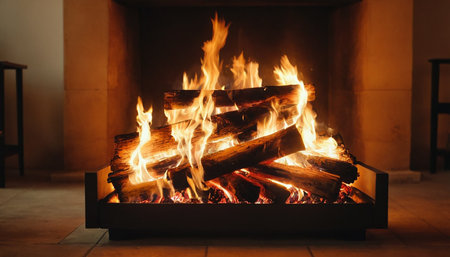 Burning firewood in fireplace at home, closeup. Winter vacationの素材