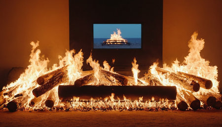 Fireplace with burning firewood on the sand in the evening.の素材