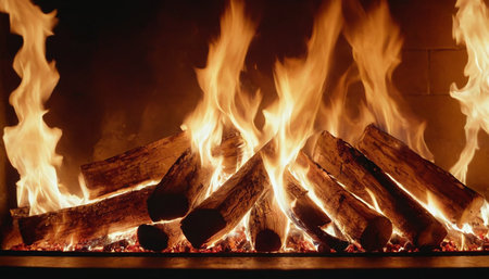 Burning firewood in the fireplace close-up. Fire backgroundの素材