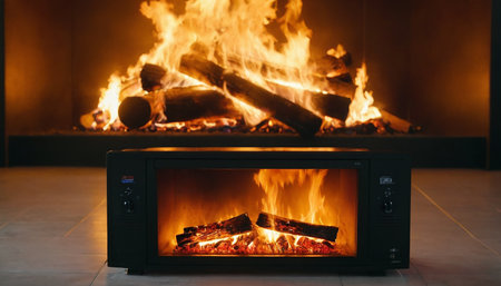 Close-up of a fireplace with a burning fire in the backgroundの素材