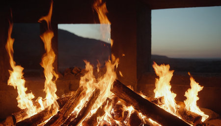 Burning firewood in the chimney of a wooden house.の素材