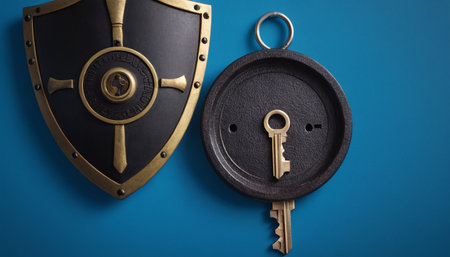 Key and shield on a blue background. The concept of security.の素材