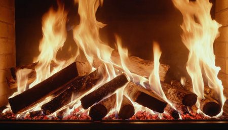 Fire in the fireplace, close-up. Firewood burning in the fireplaceの素材