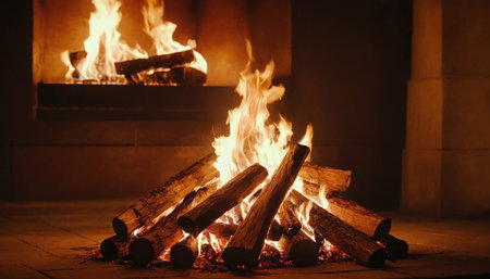 Burning firewood in fireplace at night, close-up.の素材