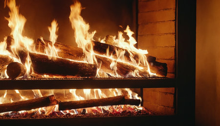 Fireplace with burning firewood, close-up. Cozy home.の素材