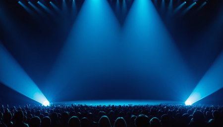 Crowd of people in front of a stage with blue spotlightsの素材