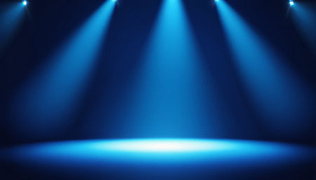 Blue stage with spotlights. Spotlight background. Stage Spotlight on blue backgroundの素材