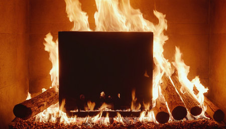Burning fire in the fireplace. Fireplace with burning firewood.の素材