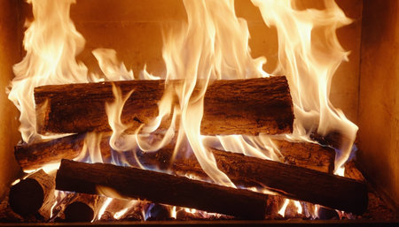 Burning firewood in a fireplace, close-up of fireの素材