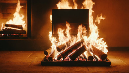 Fireplace with burning firewood in front of the fireplace at homeの素材