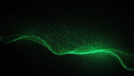 Abstract 3d rendering of green particles wave. Futuristic background for business presentations.の素材