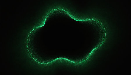 Abstract Digital Green Wave Formed with Glowing Lines and Dots on Dark Blue Backgroundの素材