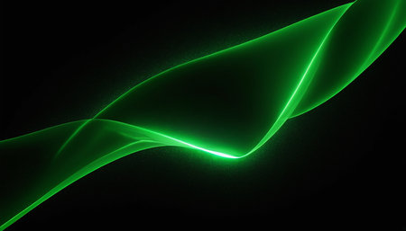 Abstract Digital Green Wave Formed with Glowing Lines and Dots on Dark Blue Backgroundの素材