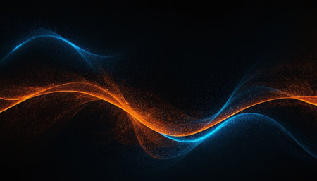 Abstract blue and orange wave with particles on black background. Futuristic technology style. 3d renderingの素材