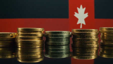 Canada flag and stack of coins for finance and banking conceptual image.の素材