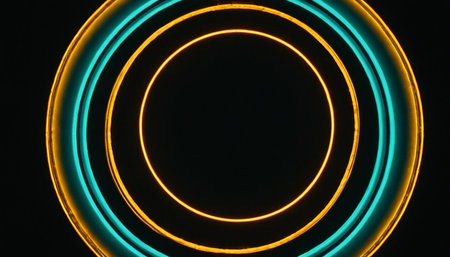 Neon light circles on a black background. 3d rendering.の素材