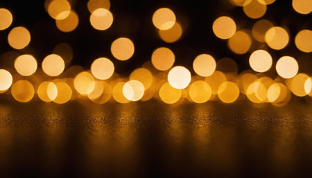 Golden bokeh lights on black background. Christmas and New Year concept.の素材