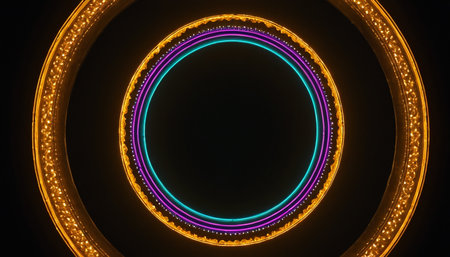 Neon circles abstract background. 3d rendering, 3d illustration.の素材