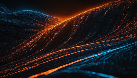 3D rendering of abstract futuristic wavy surface with glowing particles.の素材