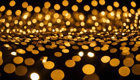 Golden bokeh lights on black background. Christmas and New Year concept.の素材