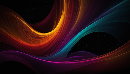 abstract colorful background with smooth lines and sparkles on black backdropの素材