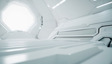 Spaceship interior. Futuristic white spaceship interior. 3d renderingの素材