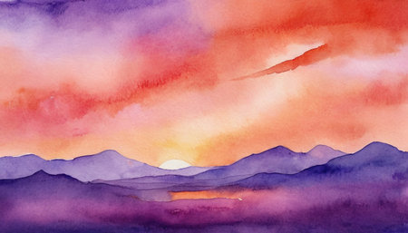 Abstract watercolor background with mountains and sky. Hand drawn illustration.の素材