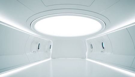 Empty white spaceship interior. 3d rendering. Futuristic design.の素材
