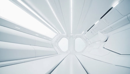 Abstract white interior of spaceship. Futuristic corridor. 3d renderingの素材