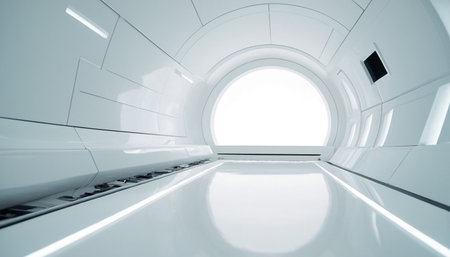 Futuristic interior of a futuristic corridor with white walls and ceilingの素材