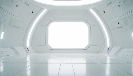 Futuristic spaceship interior with empty white space. 3d renderingの素材