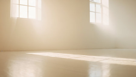 Empty white room with window and floor in the sunlight. 3d renderingの素材