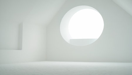 White empty room with round window and white floor. 3d renderingの素材