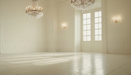 interior of a classic white room with large windows and chandelierの素材