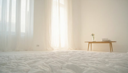 White curtain and chair on bed in the morning light with copy spaceの素材