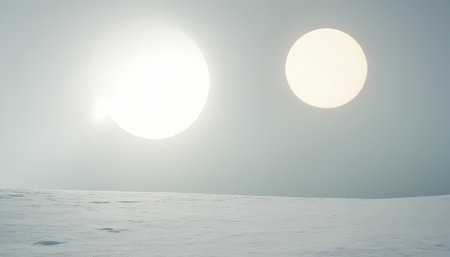 Winter snow landscape with sun in the sky. 3d rendering.の素材