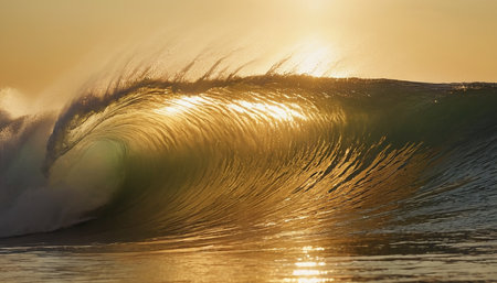 Surfing wave at sunset. Beautiful landscape of ocean wave with sun raysの素材