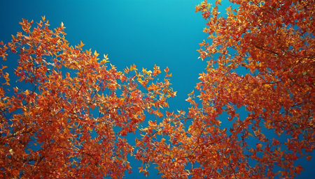 Colorful autumn leaves on blue sky background with copy space for textの素材