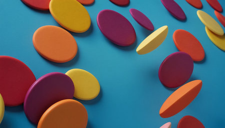 Colorful plastic buttons on blue background. Top view. Copy space.の素材