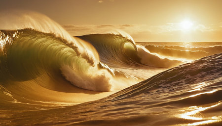 Surfing ocean wave at sunset. 3d render illustration background.の素材