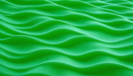 Green satin fabric background with waves. 3d render illustration.の素材