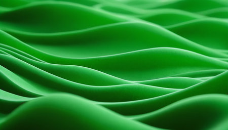Green satin cloth texture background. Abstract wavy fabric. 3d render illustrationの素材