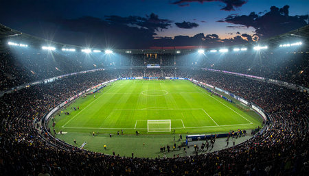 View of the full stadium during a soccer match with fans at nightの素材