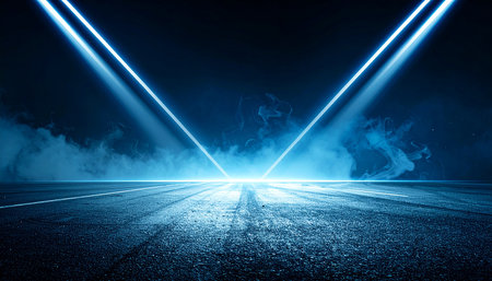 Empty asphalt road with blue neon lights and smoke on the street. Night scene. Abstract background.の素材