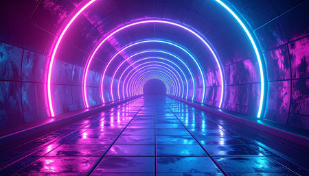 Futuristic tunnel corridor with glowing neon lights. 3d renderingの素材