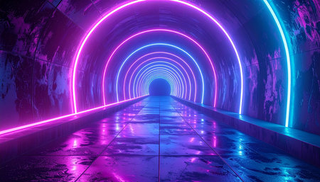 abstract futuristic tunnel corridor with glowing lights and reflections 3d illustrationの素材