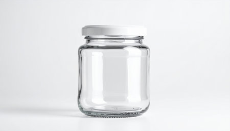 Empty glass jar isolated on white background with clipping path. Close up.の素材