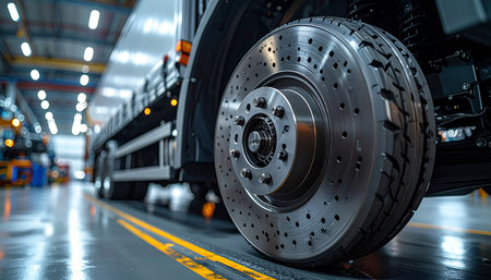 Truck with brake disc in the workshop. Automotive industry.の素材